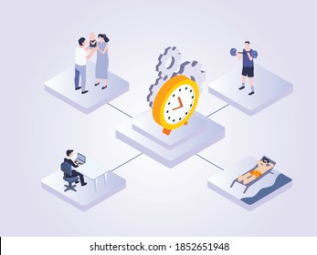 Work and life time management vector concept: balancing time for work, family, sport, vacation