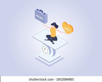 Work and life vector concept: Woman meditating on a scale balancing work and life