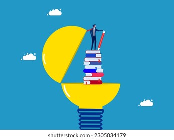 Work lifelong learning and innovative concepts. Businessman with pencil standing on stack of books in light bulb