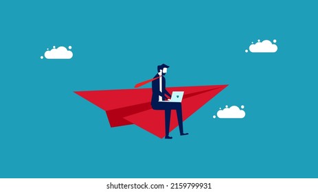 Work like a leader and be different. Businessman working on a red paper plane. business concept vector