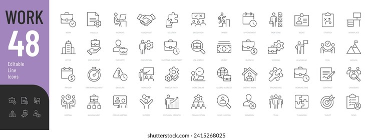 Work Line Editable Icons set Vector illustration in modern thin line style of business related icons: hiring and firing a worker, working conditions, work process, and more. Isolated on white.