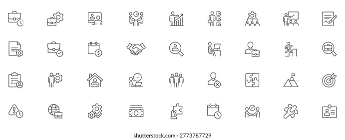 Work Line Editable Icons set Vector illustration in modern thin line style of business related icons: hiring and firing a worker, working conditions, work process, and more.