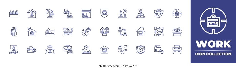 Work line icon collection. Editable stroke. Vector illustration. Containing balance, shield, working, timeline, working at home, work time, working hours, work, working together, hard work, tools.