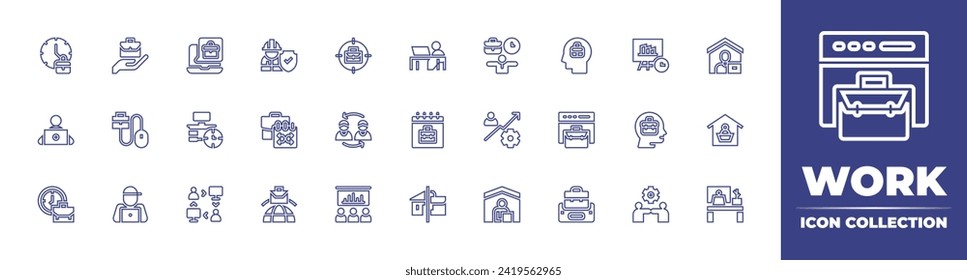 Work line icon collection. Editable stroke. Vector illustration. Containing time, worker, balance, work from home, freelancer, work, challenge, house, job, international, table, online.