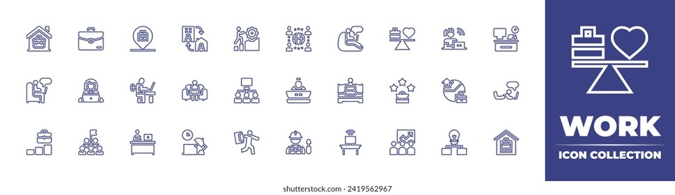 Work line icon collection. Editable stroke. Vector illustration. Containing suitcase, challenge, balance, working at home, work, quality, goal, busy, training, work from home, hybrid, space.