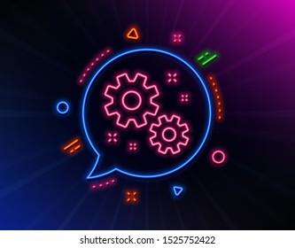 Work line icon. Neon laser lights. Business management sign. Cogwheel or gear symbol. Glow laser speech bubble. Neon lights chat bubble. Banner badge with work icon. Vector