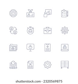 Work line icon set. Editable stroke. Thin line icon. Containing time management, id card, lecture, test, collaborate, telecommuting, briefcase, settings, work, remote working, working time.