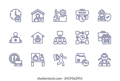 Work line icon set. Editable stroke. Vector illustration. Containing challenge, time, worker, work from home, working, work, freelancer, house, timeline, busy, job, international, work table.