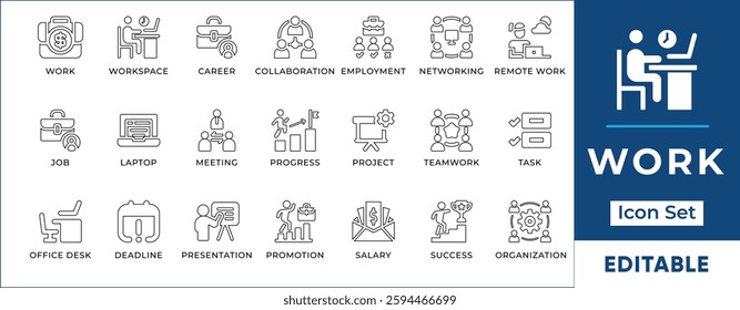 Work Line Icon Set. Features editable icons for work symbols, career, job, office, business, and more. Perfect for business, HR, and workplace designs.