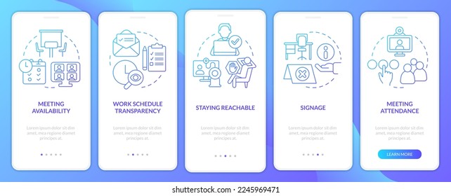 Lugares de trabajo y programa pantalla de aplicación móvil con degradado azul. Recorrido 5 pasos instrucciones gráficas con conceptos lineales. UI, UX, plantilla GUI. Multitud de tipos de letra Pro-Bold, con uso regular