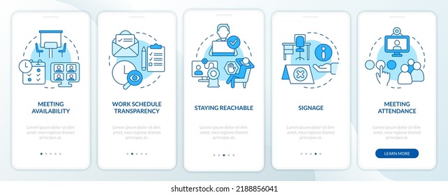 Work locations and schedules blue onboarding mobile app screen. Walkthrough 5 steps editable graphic instructions with linear concepts. UI, UX, GUI template. Myriad Pro-Bold, Regular fonts used