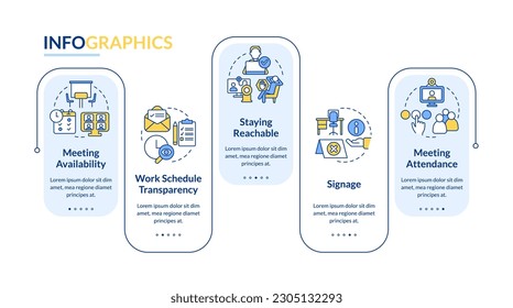 Work locations and schedules rectangle infographic template. Data visualization with 5 steps. Editable timeline info chart. Workflow layout with line icons. Lato-Bold, Regular fonts used
