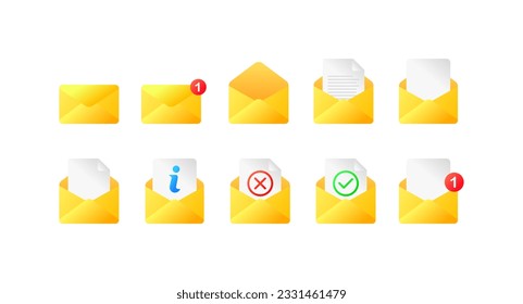 Work mail. Yellow, a set of icons letter, attached documents, e-mail. vector icons.