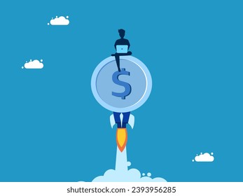 Work to make money. man flying with rocket coins