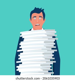 A lot of work. A man with a funny emotion on the face stands in front of a big bunch of paperwork. Vector illustration flat design. Isolated on white background.