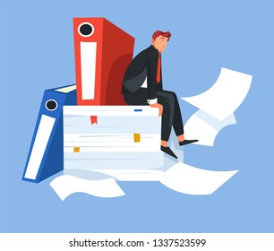 Work of man on pile of documents folders financial report vector businessman in suit papers signing and filling blanks overwork overload contracts employee and working ask