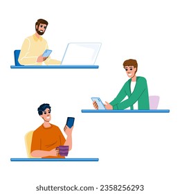 work man using phone table vector. business internet, laptop technology, screen smart work man using phone table character. people flat cartoon illustration