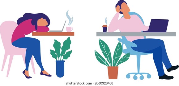 Lot of work, man woman fell asleep at the table. Tired workers or students. Flat design vector illustration.