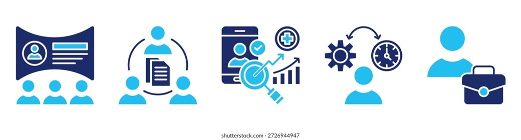 Conjunto de iconos de gestión de trabajo. para proceso de trabajo. conjunto de iconos contiene formación en línea, colaboración de documentos, comprobación remota de estado, gestión de tiempo, empleo. Vector simple glifo Duotone ilustración.