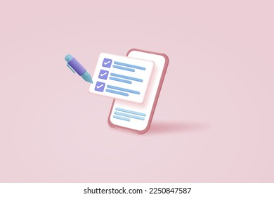 Work management with a smartphone Transaction check, report by smartphone For fast progress exams, job upgrade ideas and exams. checklist 3d rendering vector icon