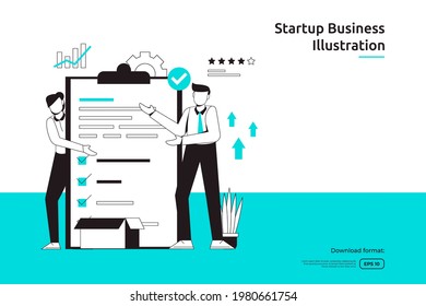 work management task and business planing concept with businessman and checklist illustration. startup launch and investment venture. teamwork metaphor design web landing page or mobile