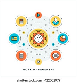 Work management. Vector thin line business concept. Flat style illustration for website banner or promotional materials. Line icons and design elements