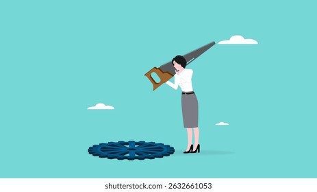 work management, working procedures to achieve maximum results, divide the project into several steps, businesswoman splits cogwheel using saw concept vector illustration