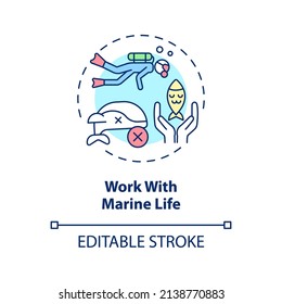 Work with marine life concept icon. Natural diversity protection abstract idea thin line illustration. Mammals rescue. Isolated outline drawing. Editable stroke. Arial, Myriad Pro-Bold fonts used