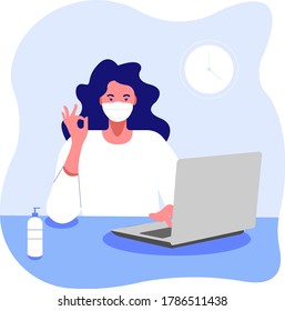 Work in a mask at a computer. Office work, distant work, coronavirus. Masked girl with laptop showing that everything is fine  - color vector illustration in a flat style