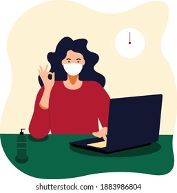 Work in a mask at a computer. Office work, distant work, coronavirus. Masked girl with laptop showing that everything is fine - color vector illustration in a flat style