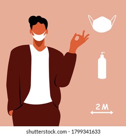 Work in a mask. Office work, distant work, coronavirus. Masked man showing that everything is fine - color vector illustration in a flat style. New normal. Preventive rules