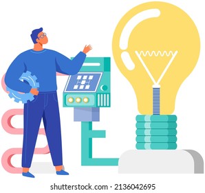 Work mechanism with built-in light bulb. Light supply equipment, modern lighting technology. Technological electricity production concept. Man works with technical device, mechanism with light bulb