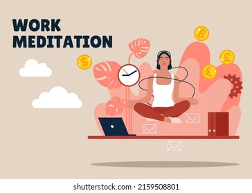 Work meditation. Stressful businesswoman, yoga character. Manager sitting on office table in lotus pose vector illustration