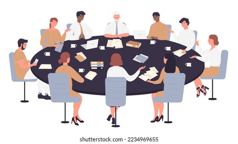 Work meeting, business negotiation, conference, group discussion. Politicians, directors or corporate leaders people negotiate, sitting round table discussing ideas vector illustration.