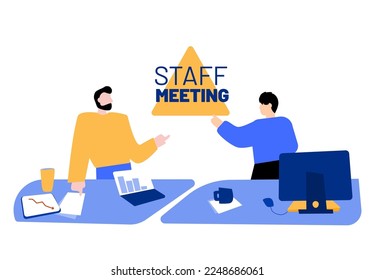 Work meeting concept. Vector illustration. Teamworking inside a group. Group of office workers in conversation in office environment. Team brainstorming and discussion. 