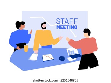 Konzept der Arbeitssitzung. Vektorgrafik. Teamarbeit innerhalb einer Gruppe. Gruppe von Büromitarbeitern in der Konversation im Büro. Team-Brainstorming und Diskussion. 