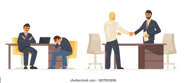 Work Meeting, Interviewing Company Director With Candidate For Vacancy. Hiring An Employee And Refusal To Hire. Frustrated Job Seeker Looking For Job. Employers, Job Seekers Cartoon Vector