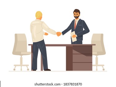 Work meeting, interviewing company director with candidate for vacancy. Shaking hands with director and hiring an employee. Applicant found a job cartoon vector