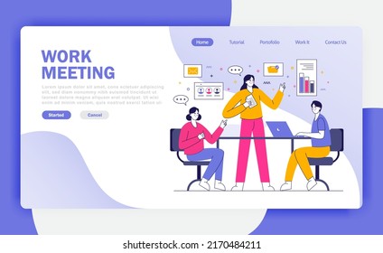 Work Meeting Landing Page. Vector Illustration Concept Work Meeting. Graphic Design Template For Banner, Flyer, Brochure, Cover, Magazine