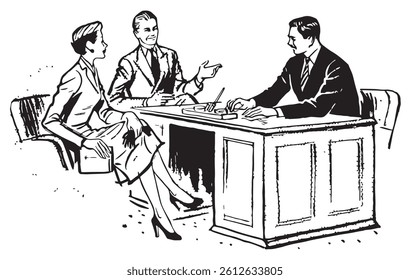 work meeting in the office between two male and female, clipart vector illustration