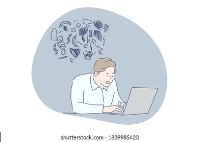 Work, mental stress, frustration, fatigue, depression, business concept. Project deadline and overload illustration. Frustrated upset businessman clerk manager depressed freelancer works on laptop.