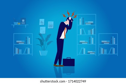 Work migraine - Overworked man standing in office holding his head in pain. Headache, stress, sick and depression concept. Vector illustration.