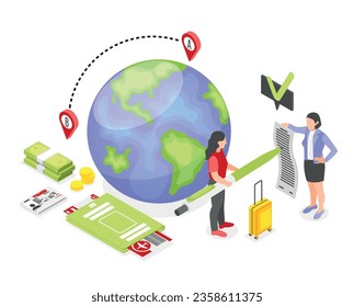 Work migration composition with woman signing employment contract and going to leave country isometric vector illustration