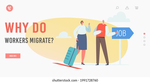 Work Migration, Drain Brain Landing Page Template. Businesswoman Character Research Job Opportunity in Foreign Country. Woman Leave Motherland for Employment Abroad. Cartoon People Vector Illustration