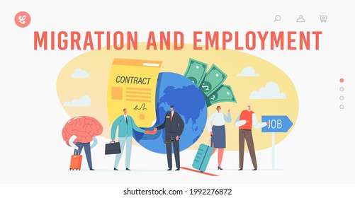 Work Migration and Employment, Drain Brain Landing Page Template. Tiny Businesspeople Characters Leaving Motherland, People Research Job Opportunity in Foreign Country. Cartoon Vector Illustration