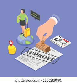 Work migration isometric composition with approved visa and female character with suitcase on color background vector illustration