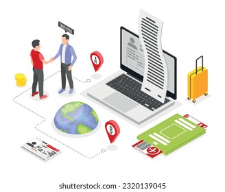 Work migration isometric composition with plane tickets suitcase and man leaving country for employment abroad vector illustration