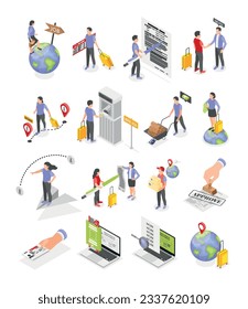 Work migration isometric icons set with people getting visa travelling with suitcases isolated vector illustration