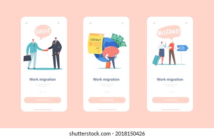 Work Migration Mobile App Page Onboard Screen Template. Tiny Businesspeople Characters Leaving Motherland for Employment Abroad. People Drain Brain Business Concept.. Cartoon Vector Illustration