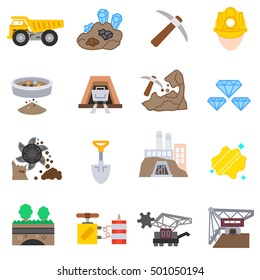 Work at mine, icons set. Extraction of minerals from the earth, isolated vector illustration. tools and equipment for the mine, symbols collection. Methods of mining, flat design